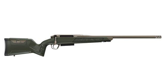 300 PRC bolt action rifle with muzzle brake and burnt bronze cerakote finish.